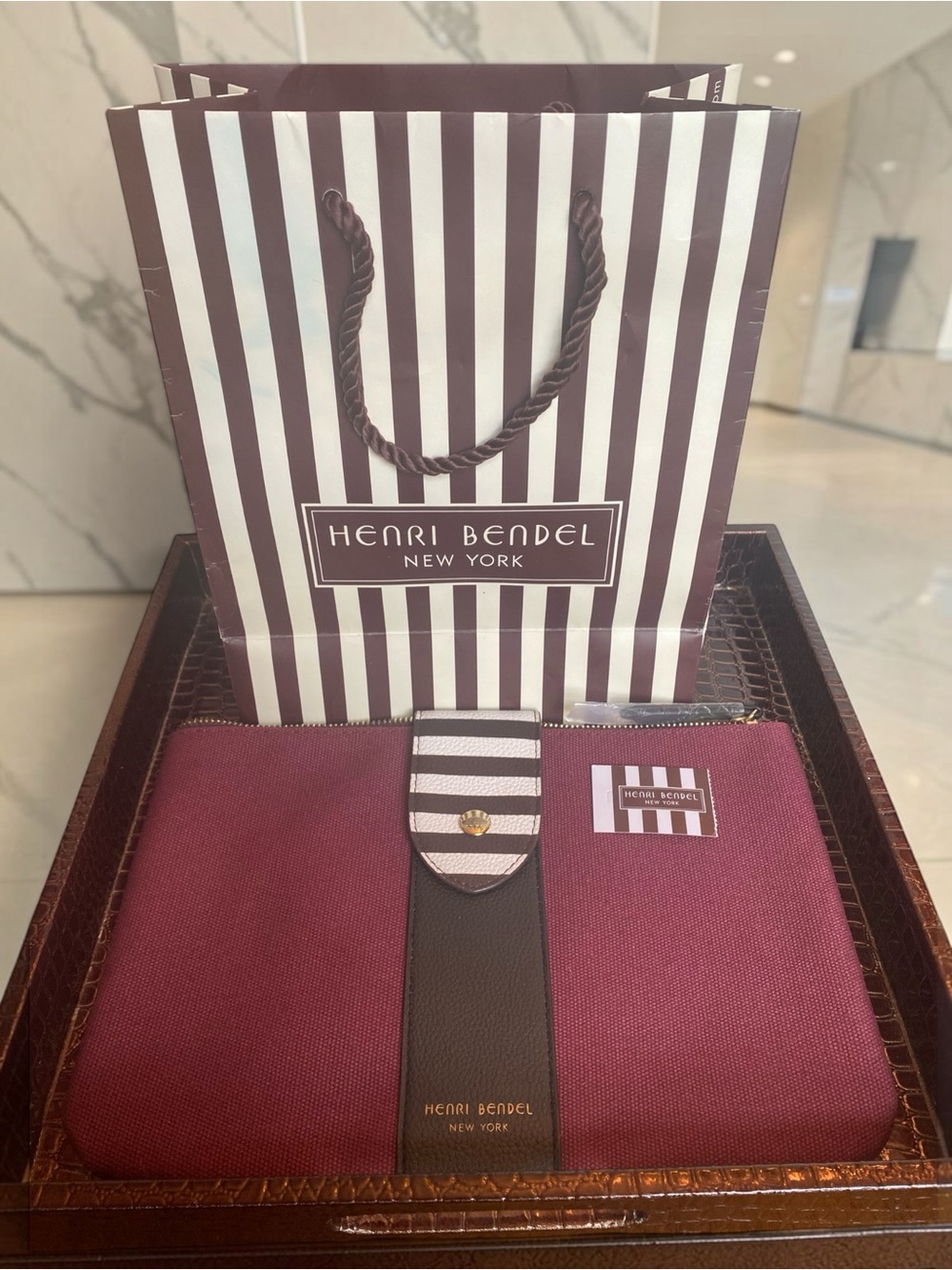 Henri Bendel Burgundy Black Friday Pouch GWP w/Stripe Tab & Bonus Bag w/Tissue